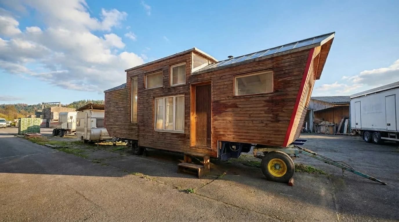 Aussenansicht der Vorderseite des Tiny House auf dem Anhänger, mit Einstiegsstufen und gelbem Rad