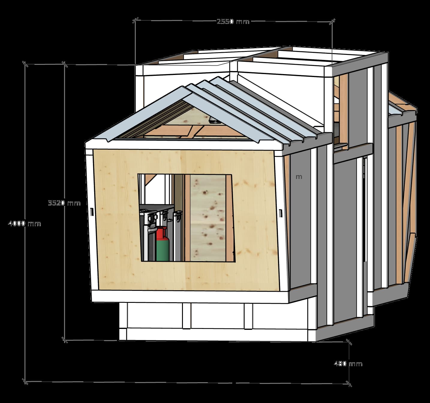 3D-Ansicht mit Massen: Breite 2550 mm, Höhe 4000 mm, Bodenaufbau 480 mm