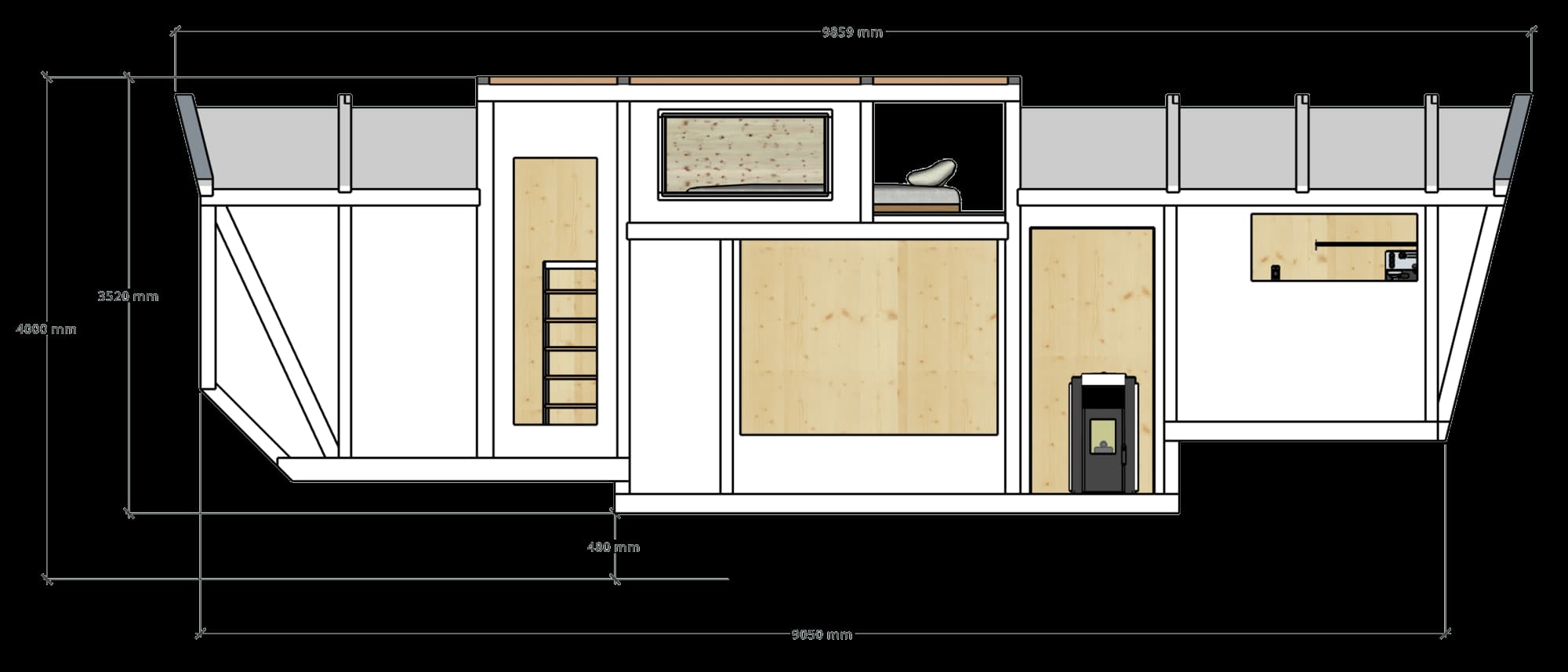 Längsschnitt mit Massen: Gesamtlänge 9859 mm, Aufbau 9050 mm, Höhe 4000 mm, Innenhöhe 3520 mm, Bodenaufbau 480 mm