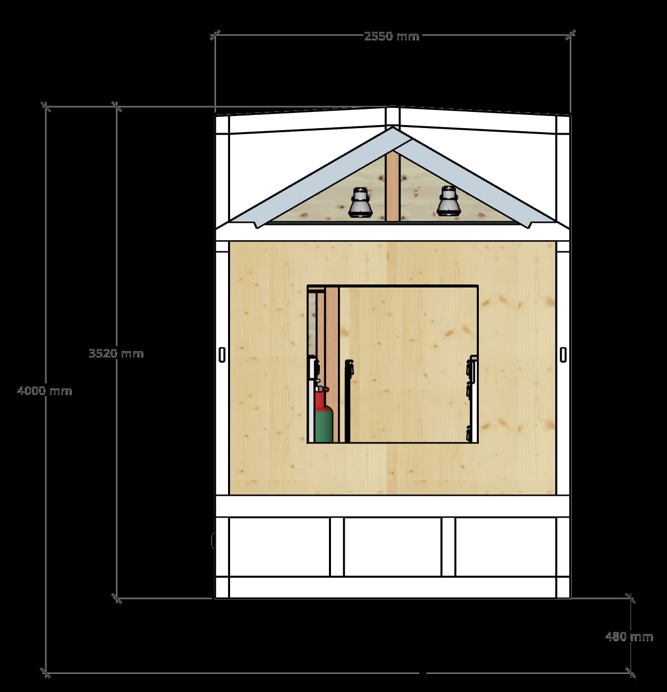 Querschnitt mit Massen: Breite 2550 mm, Höhe 4000 mm, Innenhöhe 3520 mm, Bodenaufbau 480 mm